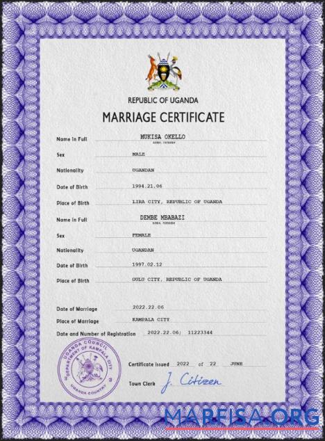 Printable Uganda marriage certificate PSD template